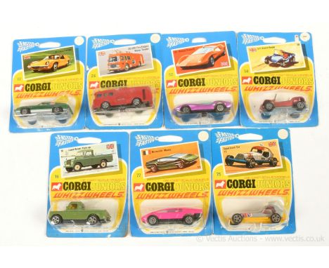 Corgi Juniors group to include 32 Lotus Europa - green, yellow engine cover; 16 Land Rover Pick-up - metallic green; 77 Bizza