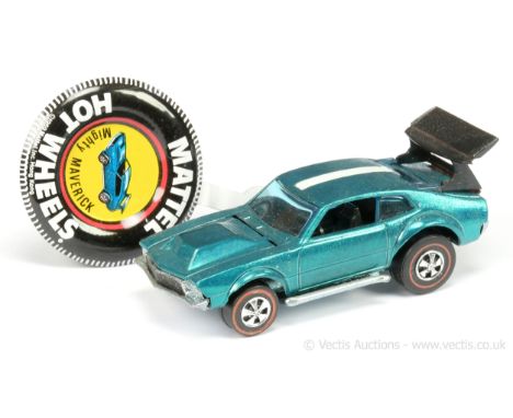 Hot Wheels (Mattel) - Redline - 6414 Mighty Maverick - metallic dark aqua, black plastic spoiler, white roof stripe - Excelle