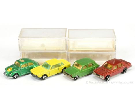 Majorette group to include 202 Volkswagen Saloon (Beetle) - metallic green with open sunroof, "Flower" hood decal; 234 Simca 