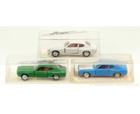 Schuco (1/66th scale) Ford Capri group of 3 (1) Mark 1 - white body, red interior; (2) same as (1) but green body and (3) rac