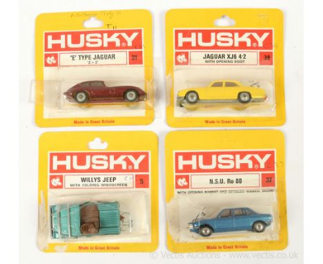 Corgi (Husky Models) 5 Willys Jeep; 21 Jaguar type E; 37 NSU RO80 and 39 Jaguar XJ6 - conditions appear Good Plus to Near Min