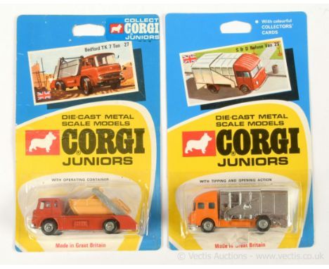 Corgi Juniors 25 S&amp;D Refuse Truck - orange cab and chassis, chrome back, cast hubs and 27 Bedford Skip Truck - red cab an