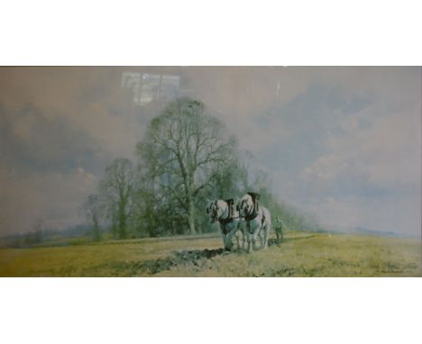 David Shepherd 'A Ploughing Team' a large coloured print signed in pencil, limited edition number 571 from 850, 50 x 99 cms