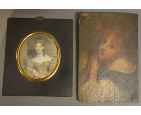 An Early 19th Century Portrait Miniature 'Half Length Portrait of a Lady in Period Dress' with ebonised frame, 9 x 8 cms, tog