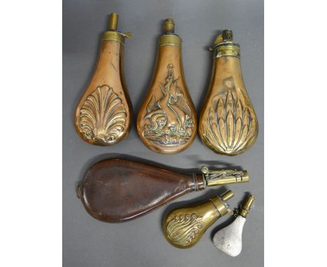 A Group of Three 19th Century Copper Powder Flasks with embossed decoration together with a similar smaller powder flask, a l