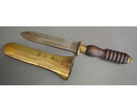 An Early 20th Century Style Siebe Gorman & Co. Diver's Knife with turned wooden handle and brass scabbard