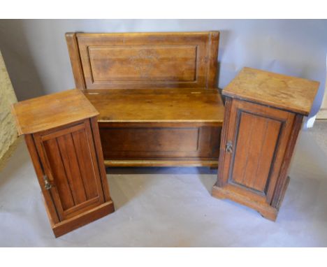 Two Late Victorian Walnut Bedside Cabinets, together with an oak monks bench