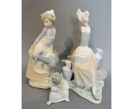 A Lladro Porcelain Group in the form of a Girl with Barrow and Milk Churns, together with a similar Lladro model of putti and