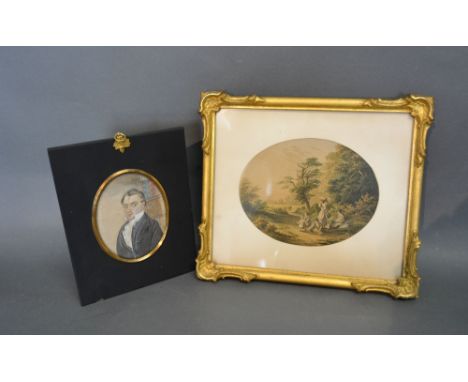 An Ebonised Portrait Miniature 'Half Length Portrait of a Gentleman in Period Dress' together with an oval small coloured pri