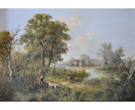 K Douglas, HUNTSMAN WITH RETRIEVER WITHIN A RURAL SETTING BEFORE A LAKE and FIGURE WASHING BY A STREAMA Pair of Oils on Canva