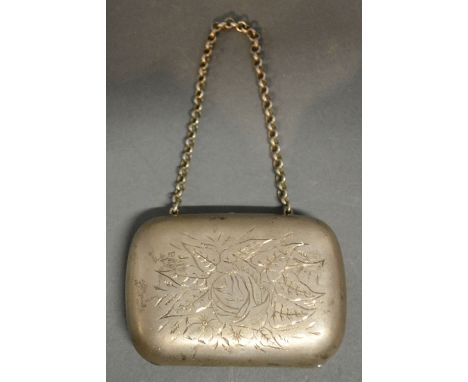 A Russian Silver Purse with engraved foliate decoration and linked chain marked 84