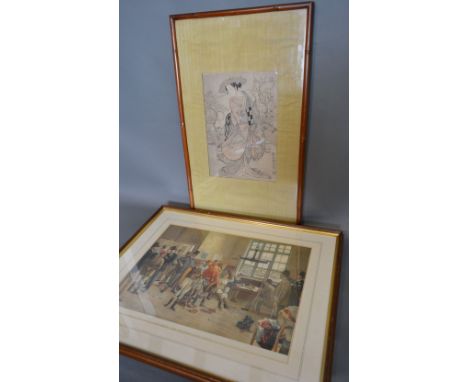 A Japanese Woodcut depicting a Figure, together with a coloured print 'The Derby, The Weighing Room, Epsom'