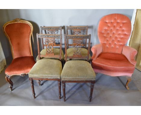 A Victorian Walnut Side Chair with an upholstered back and seat raised upon cabriole legs with scroll feet, together with a b