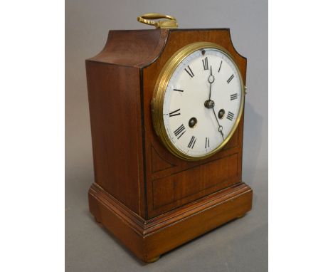 A 19th Century Mahogany Bracket Clock, line inlaid with a brass carrying handle, the enamel dial with Roman numerals and two 