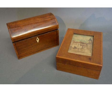 A 19th Century Mahogany Dome Shaped Tea Caddy, together with a rectangular box, the top inset with a print