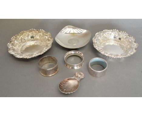 A Pair of Sheffield Silver Bon Bon Dishes, together with a Sterling silver dish inset coin, three napkin rings and a Birmingh