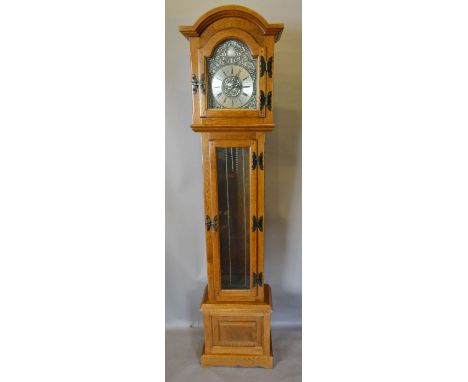 A Reproduction Oak Long Case Clock with pewter face and silvered chapter ring