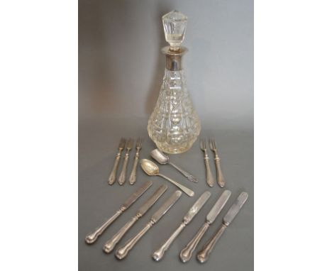 A London Silver Mounted Cut Glass Decanter together with a small collection of silver handled flatware and two silver spoons
