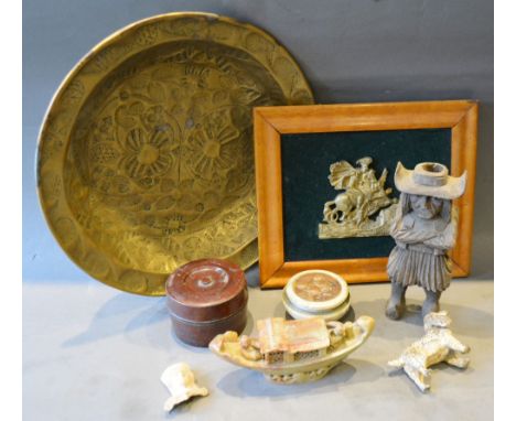 A Chinese Soapstone Model of a Boat, together with a brass plaque within a maple frame and a small collection of other items