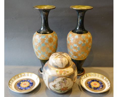 A Pair of Royal Doulton Slater Patent Bottle Neck Vases together with a Japanese Ginger Jar and two Royal Worcester dishes
