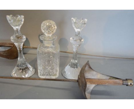 A Pair of Fencing Foils together with a pair of cut glass candlesticks and a cut glass decanter with stopper