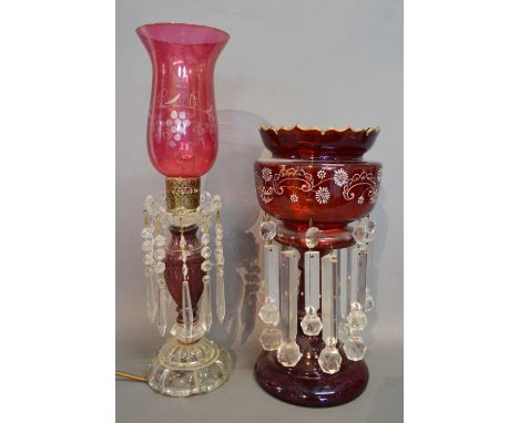 A Victorian Large Ruby Glass Lustre with Cut Glass Drops together with a cranberry glass lustre converted into a lamp with cr