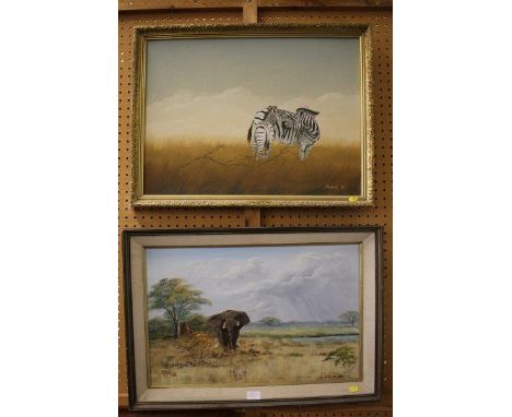 Dieuwie HolthuysenElephant - Mana Pools, Zimbabweoil on boardsigned and dated 1982and an oil on board of two zebras, signed A