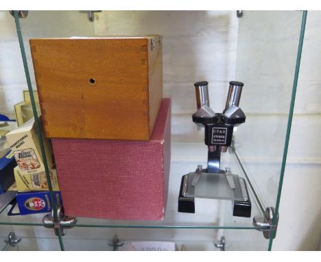 An Opax stereo microscope, 15x 30xw 45x, and a box of slides