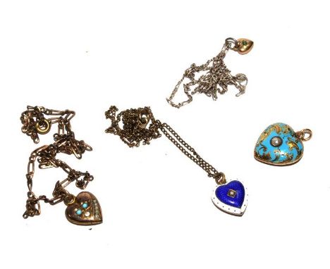 A collection of four heart pendants, two enamel, two stone set 