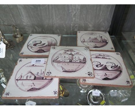 Five 18th century Bristol Delftware manganese tiles, depicting swans and villages by a river, 13 cm square (5) 