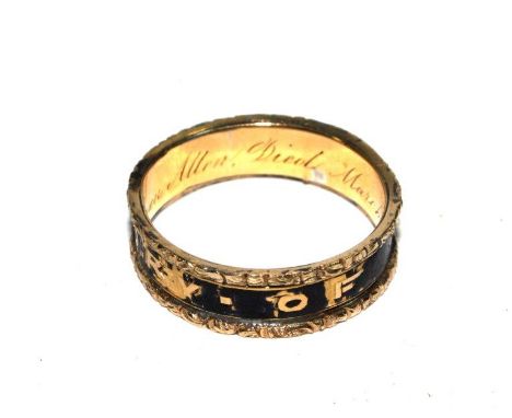 A Victorian memorial ring, some black enamel worn away 