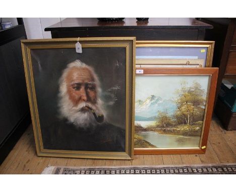 Alistair DouglasPortrait of an elderly gent with a pipeoil on canvassigned60 x 50 cm two other oil paintings and a print afte