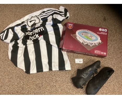 Football : various Newcastle shirt, match worn boots &amp; west Ham 3d kit boxed