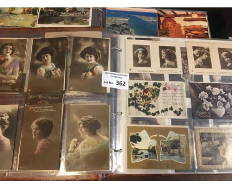 Postcards : 2 albums of various cards - vintage to modern inc glamour, silks, topo, greetings, colour 400+ cards
