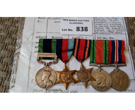 Militaria : Medal IGS GV, bar NWF 1935, 4880575 Pte G H Adams Leic R, plus 39-45 &amp; Burma stars, Defence &amp; War medals 