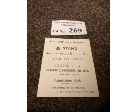 Football : Ipswich Town v Exeter City FA Cup 2nd round 15/12/1951 - rare original match ticket - super condition