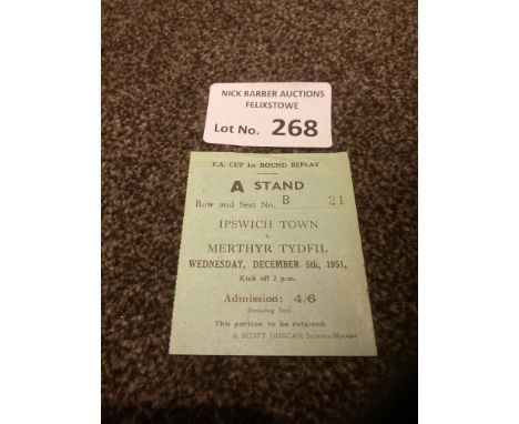 Football : Ipswich Town v Merthyr Tydfil FA Cup 1st Round replay 05/12/1951 - rare original match ticket - super condition