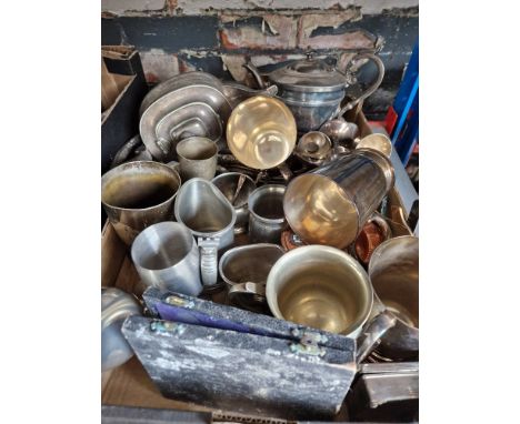 A box of metalware, mainly tankards, teapot set etc  