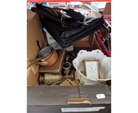 A box of assorted items including pewter ware, pottery, weighing scales, carriage clock, planter, leather shoulder bag, gradu