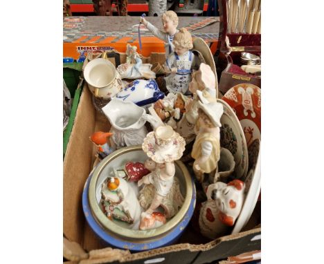 A mixed lot of china and glass including Goebel, continental figures, Staffordshire, Royal Albert Beatrix Potter figure.  