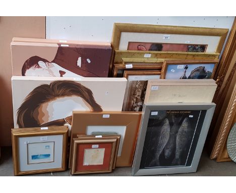 Various pictures and prints including modern art prints on canvas, Gaudi architectural print, etc.  