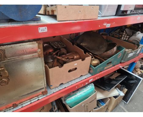 3 boxes and a metal trunk containing brass and copper wares  