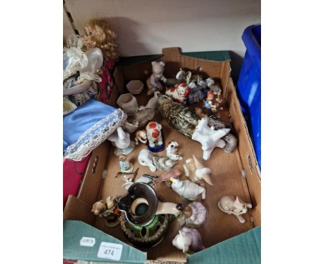 A box of figurines including Beswick birds, Beatrix Potter figures by Beswick and Royal Albert Goebel, Nao, Royal Dux etc  