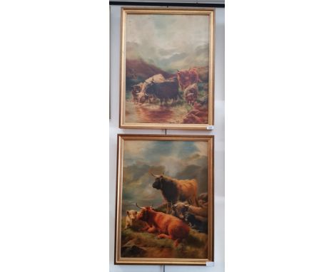 Late 19th/early 20th century school, pair of oils on canvas, Highland cattle, 45cm x 61.5cm, signed 'M Richardson' to lower r