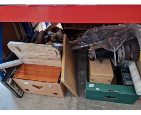 2 boxes of miscellaneous items including tray, map, shelving unit, clock, photographic enlarger, barometer slide projector, r
