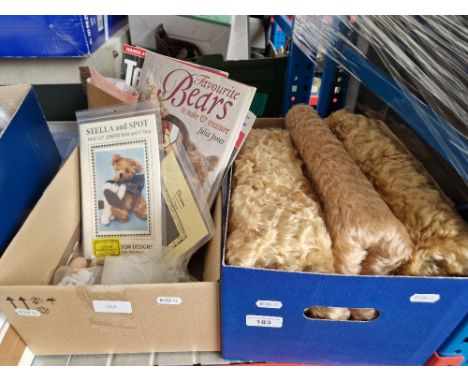 Two boxes of teddy bear making supplies including Steiff Shulte mohair fabric, paw fabric, kit, magazines, book, joints and e