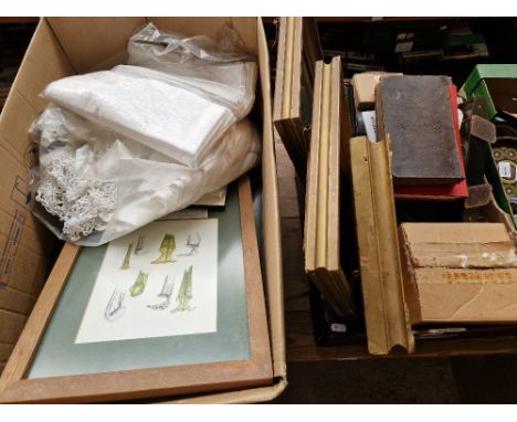 2 boxes containing linen, pictures, books, cameras  includng Polaroid, clock, Roberts radio etc. Also a camping table and 4 c