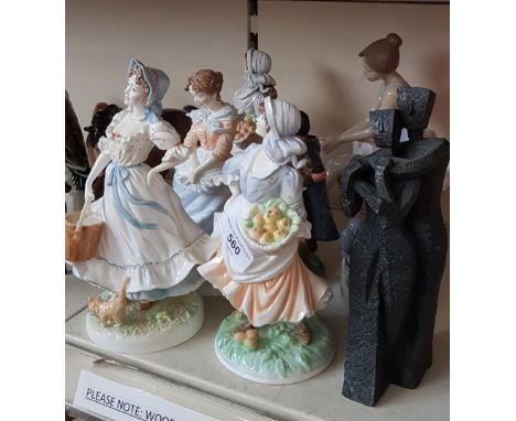 Four porcelain figurines (two signed A.J. Wade on the base), two Nao figures, a composition figure and a Royal Doulton figure