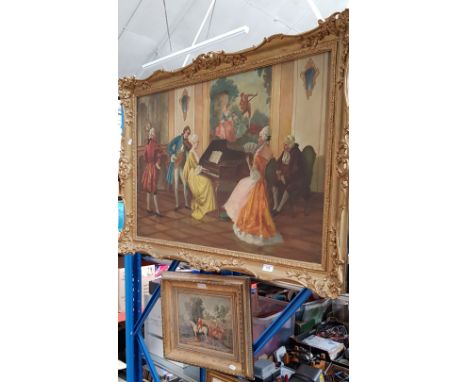 20th century school, oil on canvas, interior scene with parlour musicians, 90cm x 60cm, indistinctly signed to lower left, gi