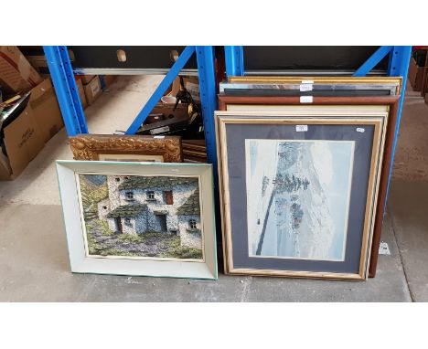 Various pictures and prints including mixed media cottage by Madge Pyle, signed prints after K Melling &amp; D R Elliot, prin